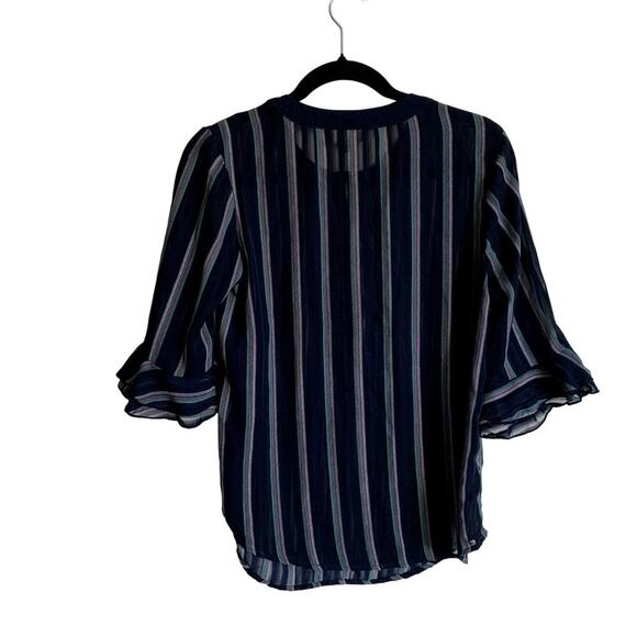 ModCloth Blue Striped Sheer Blouse Size M Tiered Flutter Ruffle Sleeve - Picture 6 of 11
